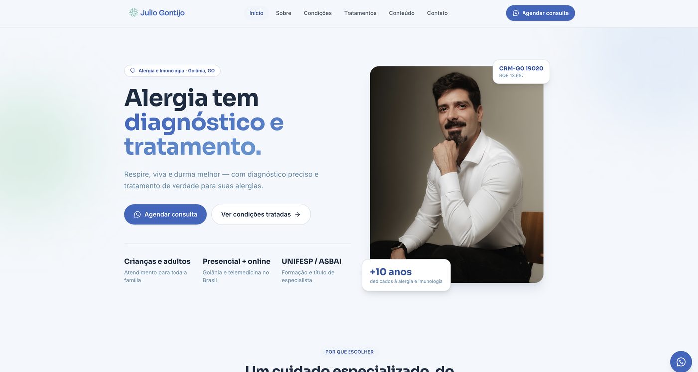 Página inicial do site do Dr. Julio Gontijo, com chamada para agendamento de consulta