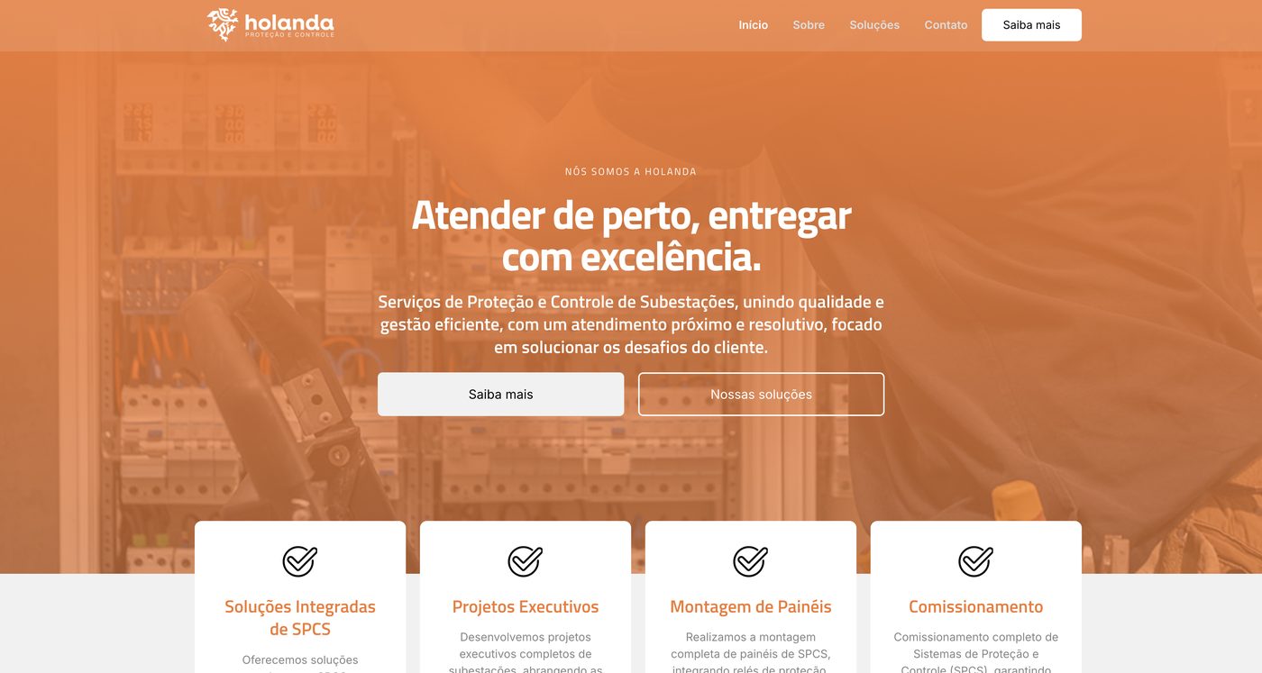 Página inicial do site da Holanda Proteção e Controle, engenharia de sistemas elétricos